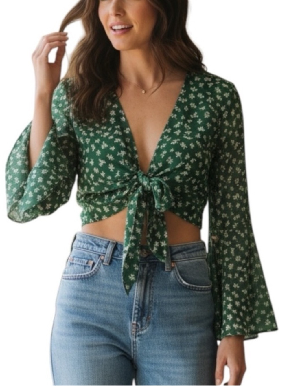 Urban Outfitters tie-front bell sleeve crop top green floral Sz M